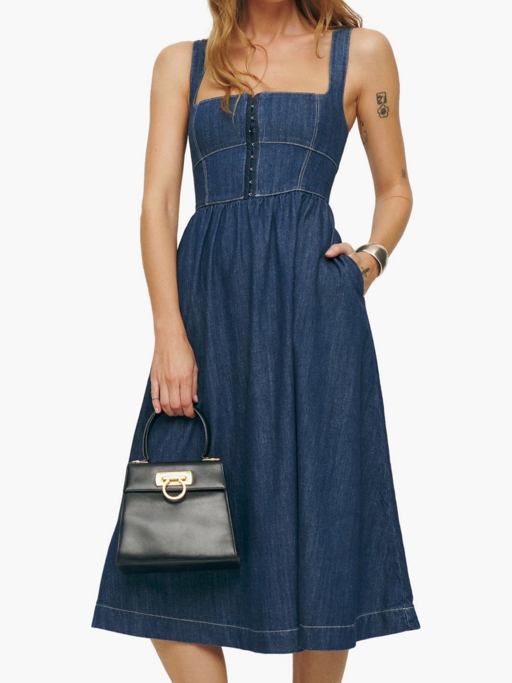 Reformation Dark Blue Denim Midi Dress with Square Neck